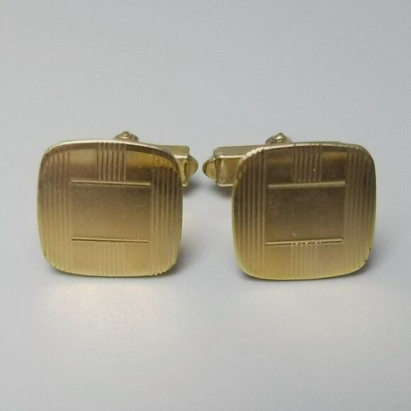 Vintage Square Pin Stripe Yellow Gold Filled Bullet Back Cufflinks, Campus - Picture 1 of 8